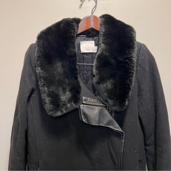 Vince Genuine Rabbit Fur Collar Lamb Leather Asymmetrical Wool Black Coat XS - Picture 3 of 16